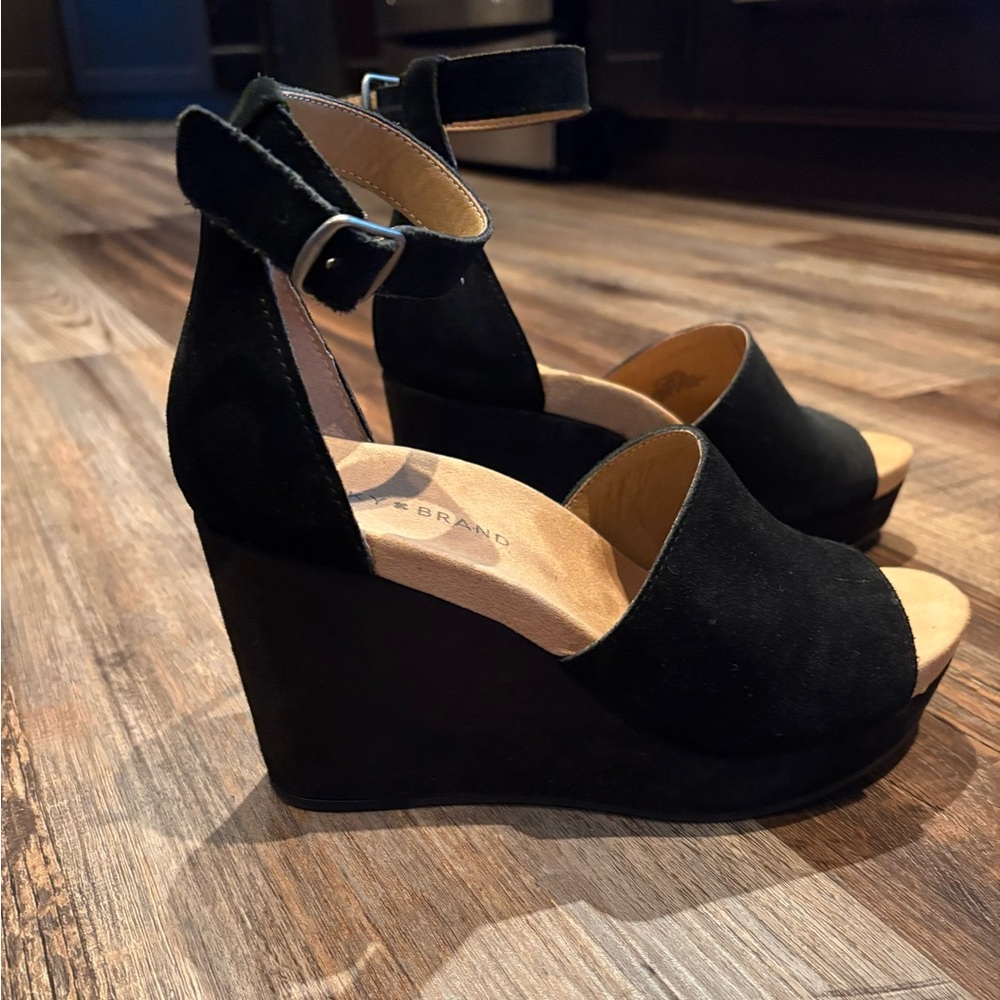 Lucky Brand Black Suede Wedge Sandals with Ankle Strap